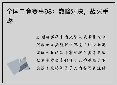 全国电竞赛事98：巅峰对决，战火重燃